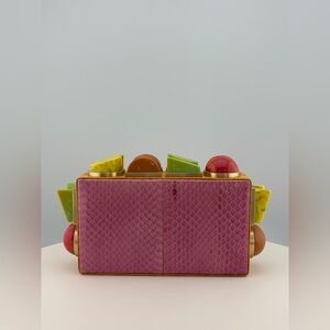 Tonya Hawkes Pink Orange Snakeskin Convertible Clutch Multicolor Studs.